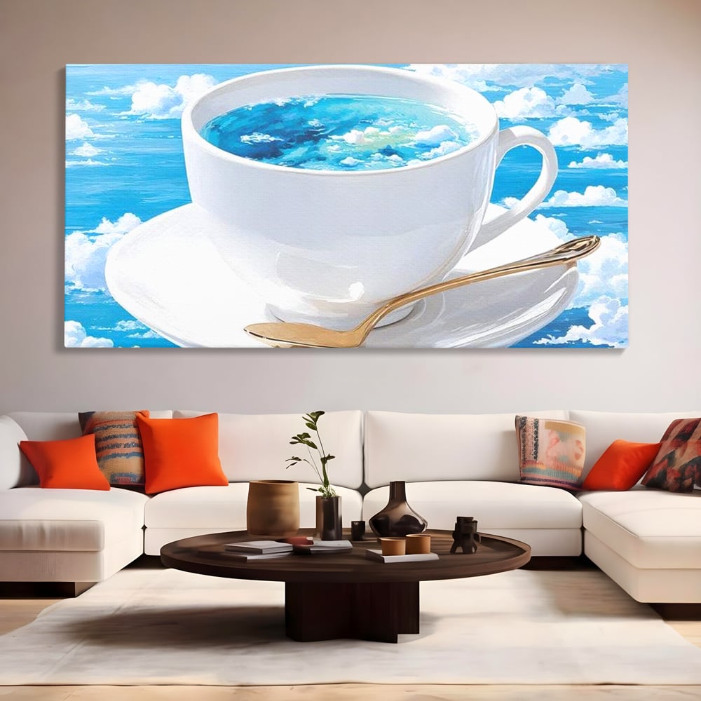 Tablou canvas cu tablou canvas cu ceasca de cafea si cer senin, fara rama, pe sasiu de lemn, pe perete intr-un living